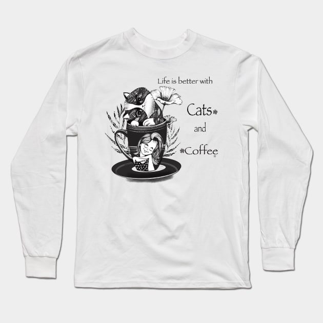 Coffee and Cat with Girl Long Sleeve T-Shirt by Shadesandcolor